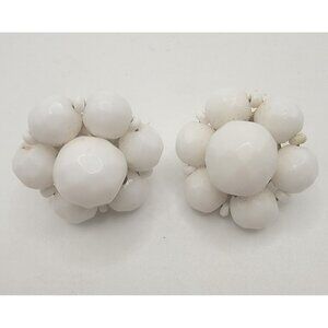 Vintage Earring Clip On White Cluster Bead Stud Signed‎ Western Germany Jewelry